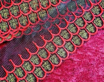 Gothic Lace, Black and Gold Lace, Red Embroidery with Metallic Thread for Witchy Clothing, Burlesque, Exotic Dance, Fantasy, Vampire Costume