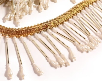 Pearl and Gold Beaded Fringe Trim for Bridal, Burlesque Showgirl, Samba/Carnival Costume, Belly or Latin Dance Dress, Drag and Cosplay