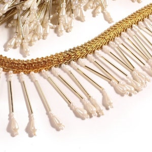 Pearl and Gold Beaded Fringe Trim for Bridal, Burlesque Showgirl, Samba/Carnival Costume, Belly or Latin Dance Dress, Drag and Cosplay image 1