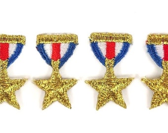 Military Medal Applique (Pack of 4) Silver Star Patch, Gold Award, Military Uniform Cosplay, Patriotic Decoration for Historical Costuming