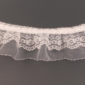 May include: White lace trim with a ruffled edge. The lace is delicate and has a floral pattern.