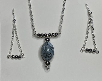 Matching Silver Necklace with Marbled Stone & Earrings