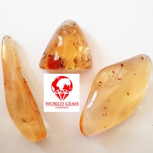 May include: Three pieces of amber with inclusions. The amber is a light yellow colour and is translucent. The inclusions are small insects and plant matter. The amber is shaped into smooth, rounded stones.