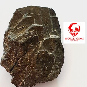 May include: A dark brown mineral specimen with an irregular shape and a rough, textured surface. The stone displays a layered appearance with visible crystalline structures. The World Gems Company logo is visible.