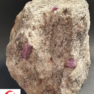 Può includere: Una roccia grigia ruvida con diversi cristalli di rubino rosa incastonati.