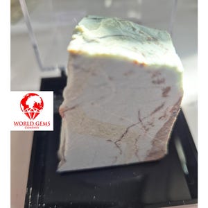 May include: A rough-cut gemstone displayed in a clear case. The stone has a light green and cream color with brown veining. The World Gems Company logo is visible in the lower left corner.