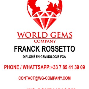 May include: Red logo featuring a globe and diamond design for World Gems Company. The text "FRANCK ROSSETTO" is below the logo, followed by "DIPL&Ocirc;M&Eacute; EN GEMMOLOGIE FGA". The text "PHONE/WHATTSAPP:+33 7 85 41 39 09" is below that, followed by "CONTACT@WG-COMPANY.COM". The text "SITEWEB: WG-COMPANY.COM" is at the bottom of the image.