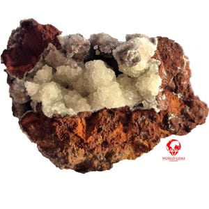 May include: A natural mineral specimen with a cluster of pale crystals set in a reddish-brown rock matrix. The crystals have a sparkling appearance, contrasting with the rough texture of the surrounding stone. The World Gems Company logo is visible.