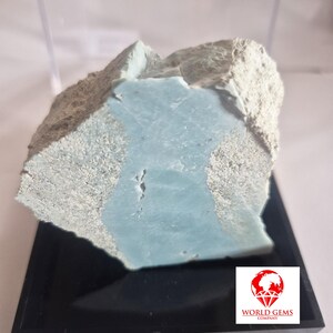 May include: A rough-cut gemstone with a light blue center and a textured, gray exterior. The stone is displayed on a black base, with the "World Gems Company" logo visible in the corner. The gemstone's unique color and texture are highlighted.