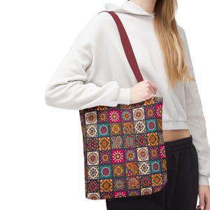 Boho Patchwork Tote Bag, Colorful Mandala Geometric Print, Everyday Shoulder Bag
