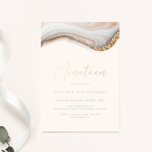 Editable Pink Marble Any Age Birthday Party Invitation, Luxury Agate Gold Birthday Invite, Elegant, Printable, Instant Download, DIY