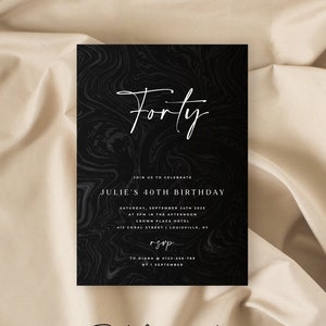 Editable Any Age Luxury Black Marble Birthday Invitation Template, Elegant Template Design, Instant Download, Modern Black White Printable