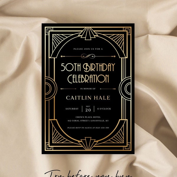 Editable Art Deco Any Age Gatsby Luxury Black Gold Birthday Invitation Elegant Template Design Instant Download Printable Modern Fiftieth