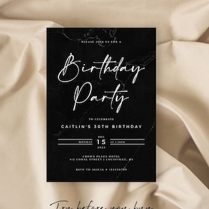 Luxury Black Marble Birthday Invitation Template, Birthday Invite Instant Download Printable, Edgy Black Invitation, Modern Birthday Invite