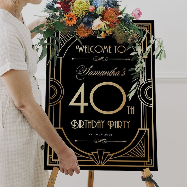 Editable Luxury Any Age Birthday Welcome Sign, Editable Art Deco Gatsby Luxury Black Gold Seating Sign, Elegant, Printable Signage, Fortieth