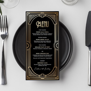 Menu de dîner d'anniversaire en or noir Art déco modifiable à tout âge, modèle de menu de table Gatsby, signe de table moderne de menu imprimable, menu de fête quarantième