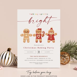 Editable Christmas Baking Party Invitation, Baking Spirits Bright, Cookie Exchange Party, Gingerbread Men, Printable, Instant Download