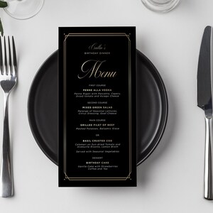 Bewerkbare elke leeftijd Art Deco Black Gold verjaardagsdiner menu, luxe tafel menu sjabloon, afdrukbare menu moderne tafel teken, elegante partij menu