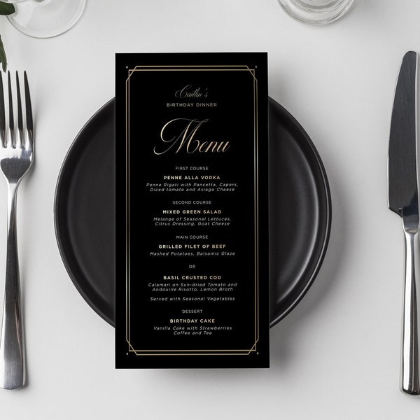 Editable Any Age Art Deco Black Gold Birthday Dinner Menu, Luxury Table Menu Template, Printable Menu Modern Table Sign, Elegant Party Menu