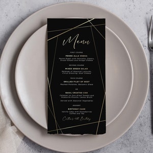Bewerkbare elke leeftijd Luxe Black Gold Verjaardag Diner Menu, Bewerkbare Tabel Menu Sjabloon, Afdrukbaar Menu Modern Tafelteken, Feestmenu Veertigste