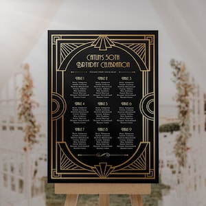 Geburtstags-Sitzplatz-Diagramm, bearbeitbares Art-Deco-Gatsby-Luxus-Schwarz-Gold-Sitzplatzschild, elegantes Geburtstagsschild, druckbares Vorlagendesign, Fünfzigster
