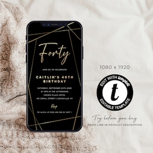Digital Editable Any Age Luxury Black Gold Birthday Electronic Invitation Phone Evite Text Invite Template Instant Download Fortieth 40th
