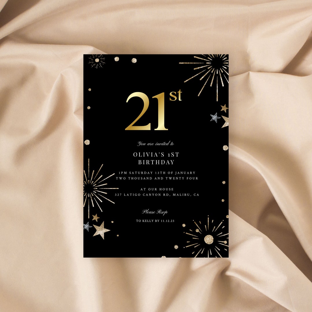 Editable Any Age Stars Glitter Black Gold Birthday Invitation Template ...