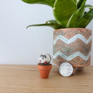 A small, white and grey felt guinea pig figurine sitting in a terracotta pot. The pot is on a wooden surface next to a potted plant.