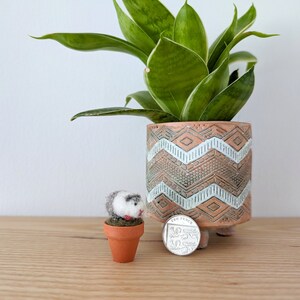 May include: A small, felted guinea pig figurine in a terracotta pot, next to a larger potted snake plant with green and white variegated leaves. The snake plant is in a terracotta pot with a geometric pattern and a coin with the inscription "Ten Pence" is on the table.
