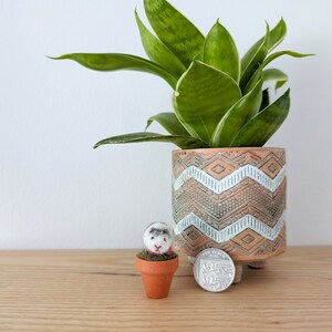 May include: A small, white and gray felt animal in a terracotta pot, next to a larger potted snake plant with green leaves and a patterned terracotta pot. A silver coin is on the table.