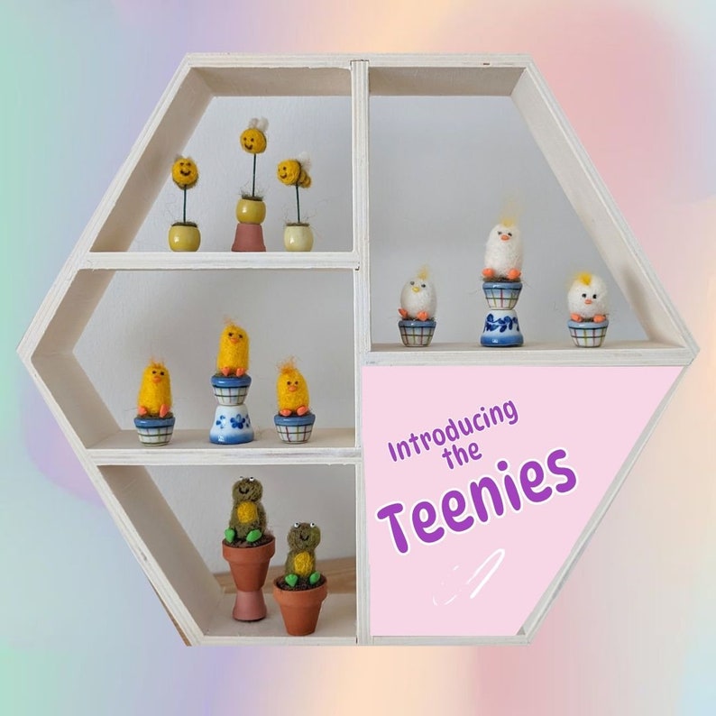 Puede incluir: Una estanter&iacute;a hexagonal de madera con un cartel rosa que dice "Introducing the Teenie" en texto morado. La estanter&iacute;a est&aacute; llena de peque&ntilde;os animales de fieltro hechos a mano, incluyendo pollitos, abejas y ranas. Los animales est&aacute;n sentados en peque&ntilde;as macetas.