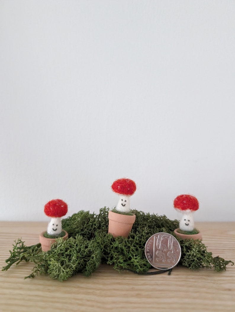 Puede incluir: Tres peque&ntilde;as figuritas de champi&ntilde;ones de fieltro con sombreros rojos y caras sonrientes blancas est&aacute;n en macetas de terracota y colocadas sobre un lecho de musgo verde. Una moneda de plata est&aacute; en primer plano para la escala.