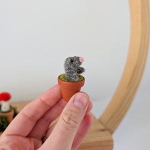May include: A miniature felt mole with a pink nose in a small terracotta pot filled with green moss. The tiny mole is grey and has a detailed, textured appearance. The pot is held in a hand, suggesting a small, handcrafted item.