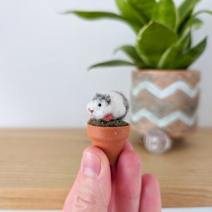 A small, white and grey, needle felted guinea pig figurine sitting in a terracotta pot. The pot is small and has green wool around the rim.