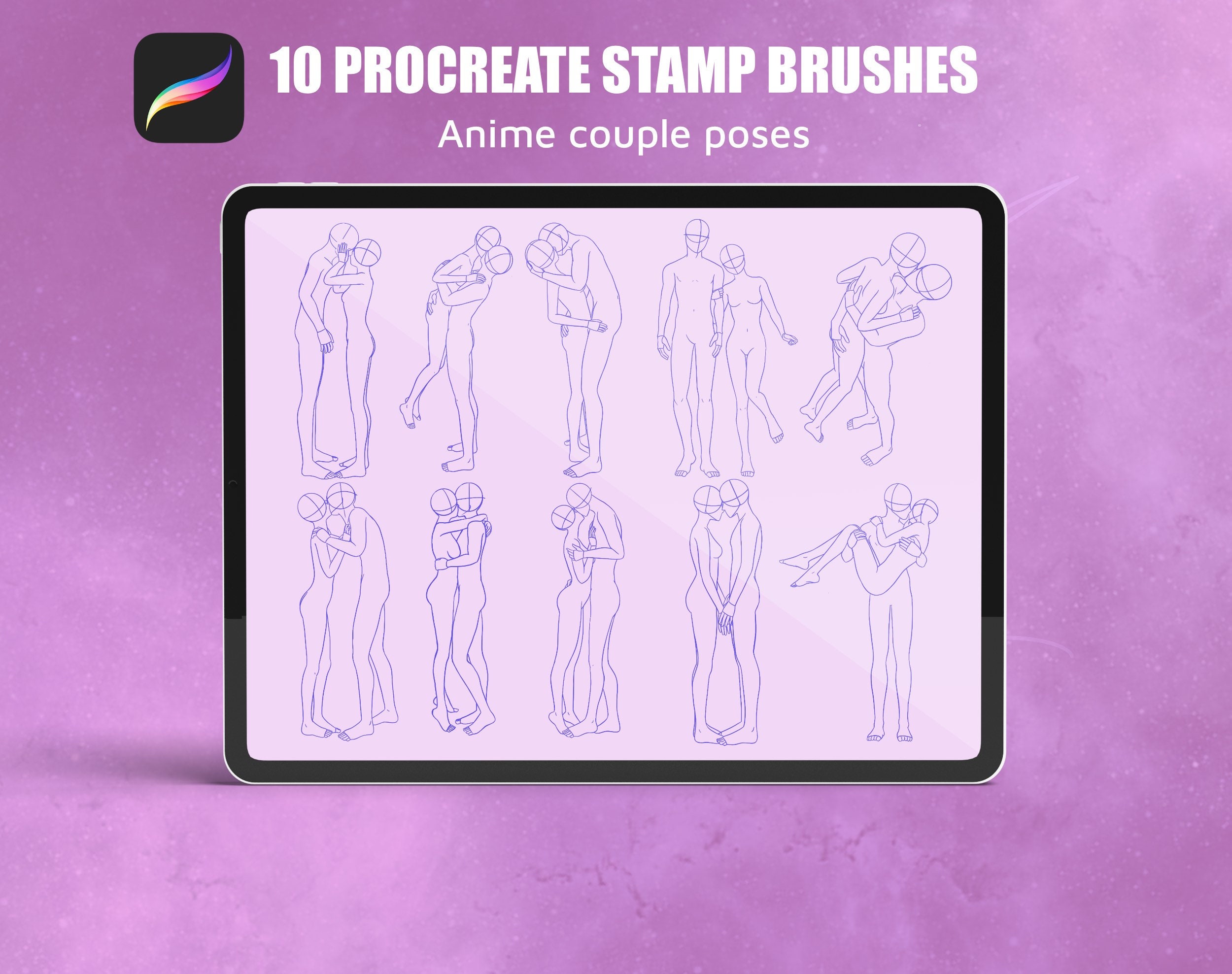 Procreate Chibi Poses Stamps, Couple Poses, Anime Figure Stamps