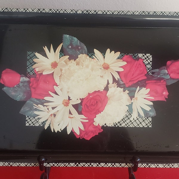 Vintage Metal Litho Lap/TV/Bed/Serving Tray Black with Carnations, Roses and Daisy's