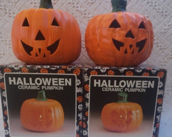 Vintage Ceramic Halloween Pumpkin/Jack O Lantern Luminary Set of 2