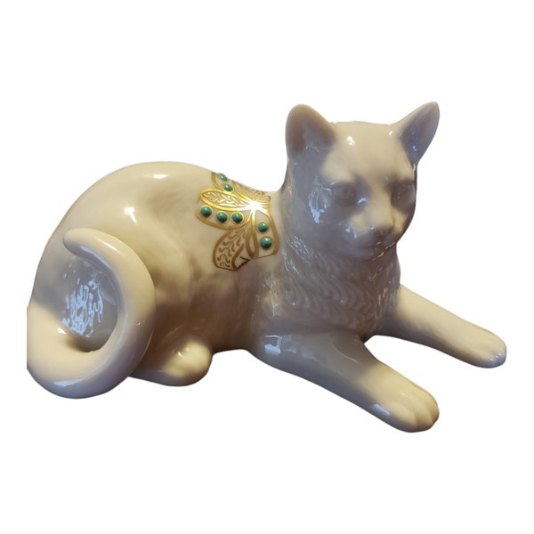 Lenox China Jewel Collection Cat Lounging with Gold and Turquoise Design 1992