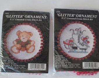 Christmas Cross Stitch Ornaments--Lot of 2--#310 is 2 mice on a skate and the other #312 is a Teddy Bear