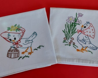 Hand Embroidered Flour Sack/kitchen Towels--Set of Two--Blue Birds.