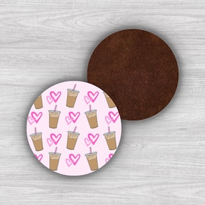 Iced Coffee & Hearts Coaster - Trendy Coaster, Coaster Gift, Drink Coaster, Iced Coffee Lover, Coffee, MDF Wood Coaster 9.5cm x 9.5cm