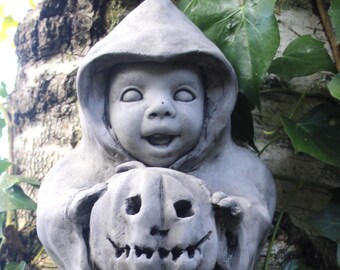 Baby Pumpkin Ghost, Halloween Cement Garden Wall Hanging.  Decoration ornament Doll Scary