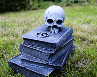 Cement Skull on Books Garden Statue: Gothic Witchcraft Decor Please read the description