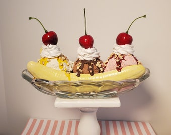 Fake Banana split, Faux ice cream, tiered tray decor, vintage Banana split boat, photo prop, food prop, handmade 50s diner