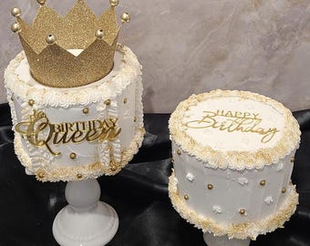 Fake Birthday cake | Birthday queen Birthday cake |Gold birthday cake |Cake bar retro diner decor Birthday photo prop| display food