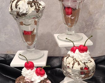 FAKE old fashioned chocolate cherry sundae, cherry jubilee retro ice cream shop, car hop food display ice cream food prop 7-8 inch