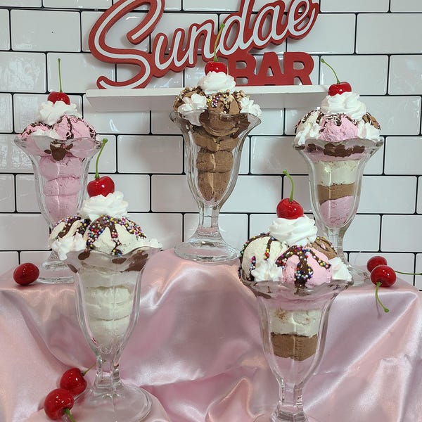 Fake hot fudge sundae 50s diner Strawberry, Vanilla Chocolate sundae ice cream bar decor retro diner decor, photo prop display food