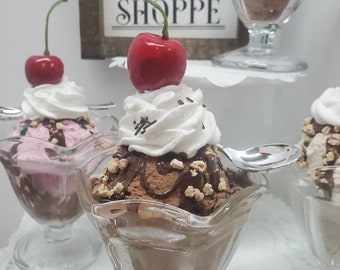 Fake ice cream Sundae fake hot fudge sundea,ice cream decor, sweet treats dessert bar,photo prop fake display food,tiered tray decor