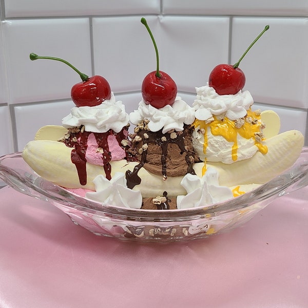 Fake Banana split, Faux ice cream, tiered tray decor, vintage Banana split boat, photo prop, food prop, handmade 50s diner