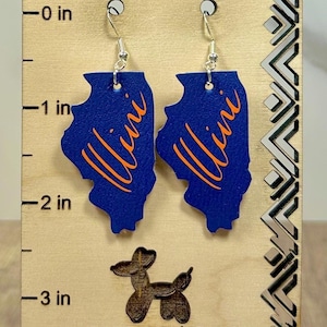 May include: A pair of blue Illinois state-shaped earrings with orange cursive text that reads "Illinois". The earrings are displayed on a wooden stand with a "Balloon Dog Boutique" logo.